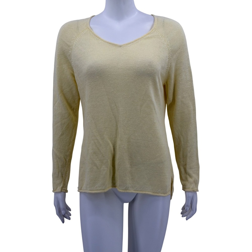 Eileen Fisher Sweater Womens Medium Yellow V-Neck Linen Sheer Summer Coastal